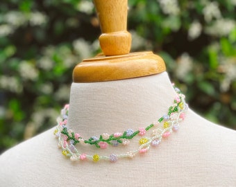 Flower Vine Necklace | Beaded Flower Necklace | Adjustable Seed Bead Necklace 16"-18"