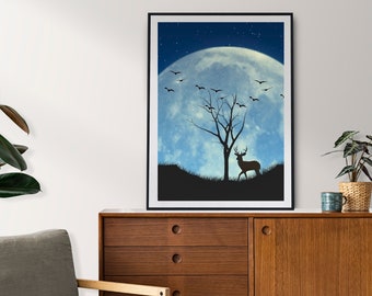Mondlicht, Hirschschatten, Mondlicht-Wandbild, Mondlichtlandschaft, hochwertiger Kunstdruck, Nachtlandschaft, digitaler Download, schöner Mond