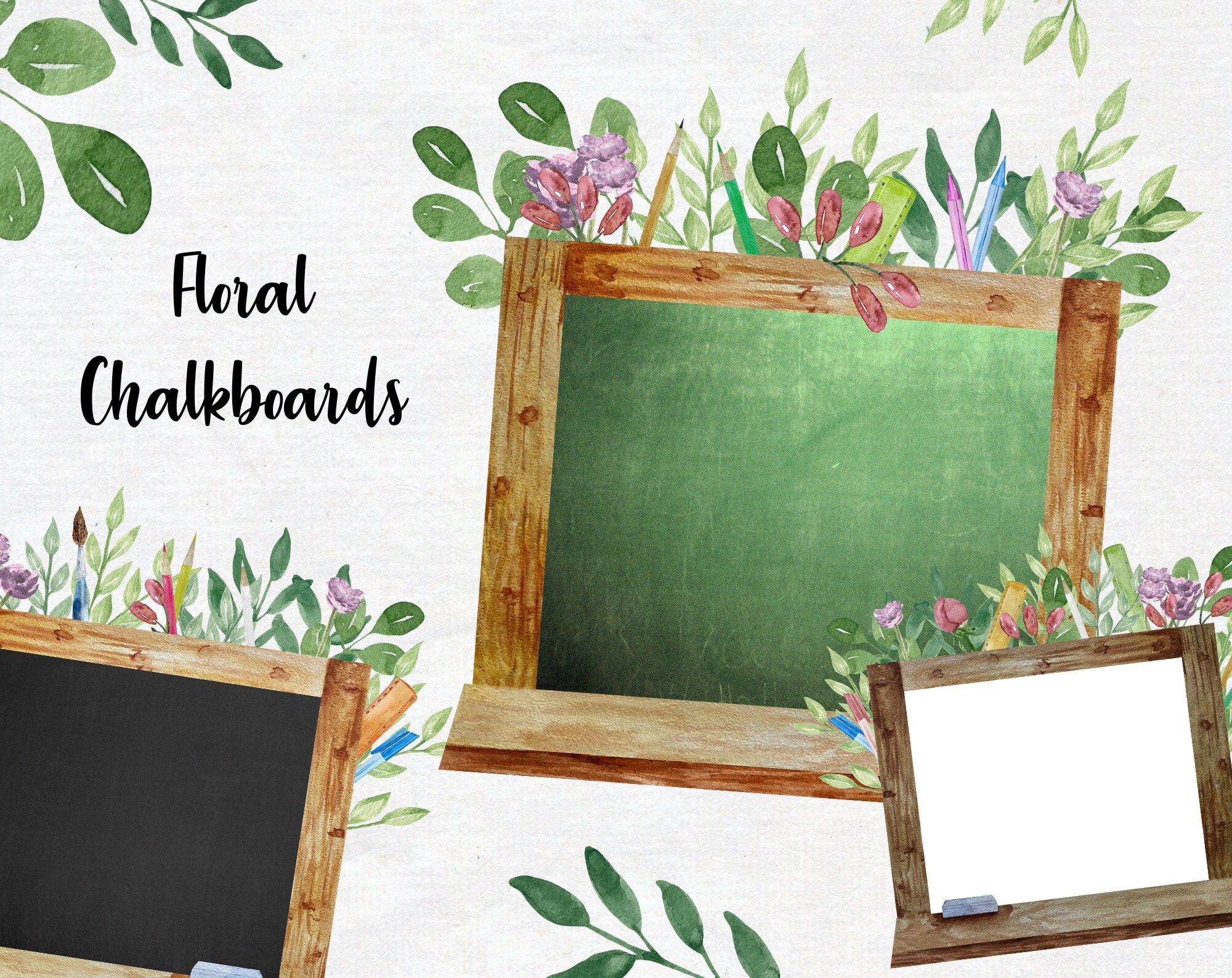 Watercolor Chalkboard Frames Clipart Floral Blackboard PNG Etsy