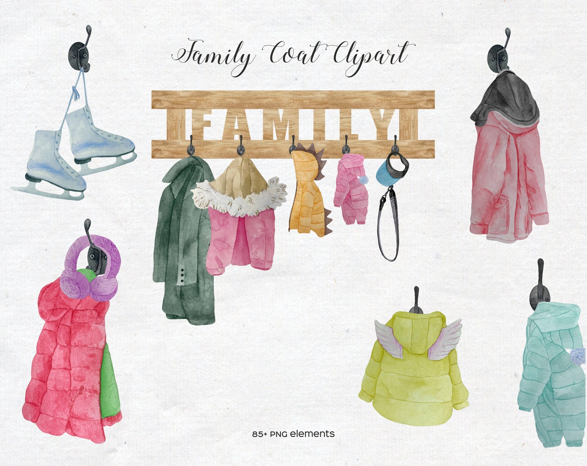 Watercolor Family Coat On Hook Set 1106145 Illustrations Design Bundles Illustration Design Family Print Personalised Family Print