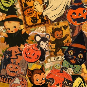 Może przedstawiać: Kolaż ilustracji na Halloween w stylu vintage przedstawiający Frankensteina, księgę zaklęć, duchy, dynie, czarnego kota, kartę tarota z diabłem, wilkołaka i wampira na tle pomarańczowych i żółtych kwiatów.