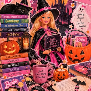 May include: A collage featuring a Barbie doll dressed as a witch, a black cat, stacks of books with titles like Harry Potter and Goosebumps, a pink mug labeled Just One More Chapter, a pumpkin bucket, heart-shaped glasses, and a Halloween Barbie VHS tape.