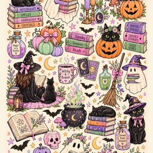 以下が含まれることがあります： 魔女の帽子をかぶった黒猫、本を持つ幽霊、カボチャ、Witchcraft、Spells、Herbology、Crystals、Hocus Pocus、Mystery、Fantasy、Romanceと書かれた本の山、そして様々な魔法の薬瓶が描かれたハロウィーンをテーマにしたイラストのコレクション。