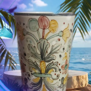 May include: A cylindrical ceramic tumbler featuring a hand-painted floral motif in shades of green, yellow, pink, and orange against a cream background. The vessel has a dark rim and the text Le mie ceramiche printed at the bottom.