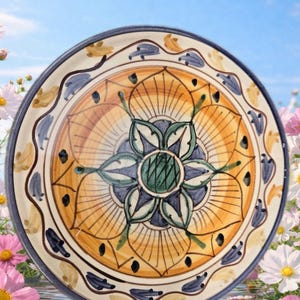 May include: A hand-painted ceramic plate with a floral design. The plate features a central flower motif in shades of yellow, green, and blue, surrounded by a patterned border. The rim is a dark blue. The text "Le mie ceramiche" is at the bottom.