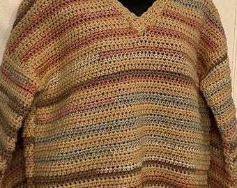 Handmade Crocheted V-Neck Sweater: Beige Multicolor Stripe