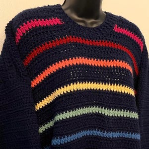 Handmade Sweater, extra large navy striped sweater, multicolor sweater for women, rainbow pullover