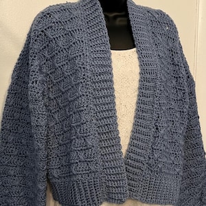 May include: A blue crochet cardigan with a textured pattern and long sleeves. The open-front design features a wide collar and a cropped length. The cardigan is displayed on a mannequin, showcasing its handmade details.
