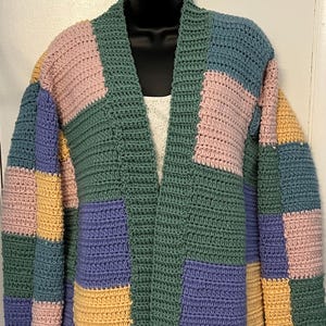 Handmade Crochet Cardigan: XL Pastel Patchwork Sweater