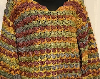 Handmade Crocheted Pullover Sweater: Multicolor Stripes, medium V neck