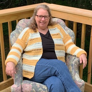 Handmade Cardigan, Yellow & white cardigan, XL striped sweater for women, womens cardigan