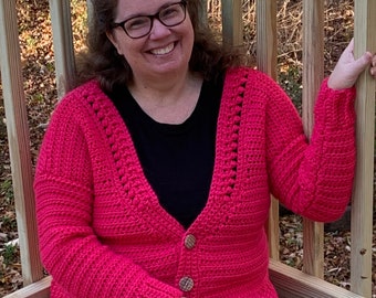 Handmade Cardigan, bright pink sweater, XL womens cardigan, pink cardigan for women