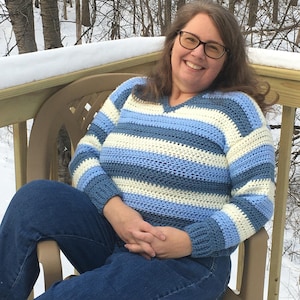 Handmade Crocheted Striped Sweater: Blue & White Pullover (XL)