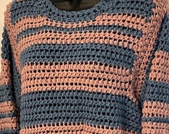 Handmade Crocheted Striped Sweater: Blue & Pink Pullover