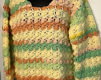 Handmade Crocheted Pullover Sweater: Multicolor Stripes, medium V neck