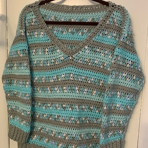 Handmade Crocheted V-Neck Sweater: Aqua Gray Multicolor