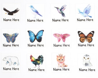 Personalized Iron on Name Labels with Animals! Birds, Butterflies, Dogs, Cat, Polar Bear, Tiger, Lion, Eagle Artwork, 100% Organic Cotton