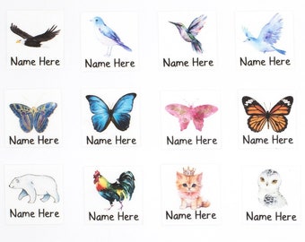 Personalized Iron on Name Labels with Animals!  Birds, Butterflies, Dogs, Cat, Polar Bear, Tiger, Lion, Eagle Artwork, 100% Organic Cotton