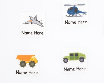 Boys Iron on Name Labels, Jets, Trucks, Military & Construction Designs.  100% Organic Cotton Tags