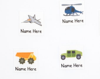 Iron on Name Labels for Boys, Jets, Trucks, Military & Construction Designs. 100% Organic Cotton Tags