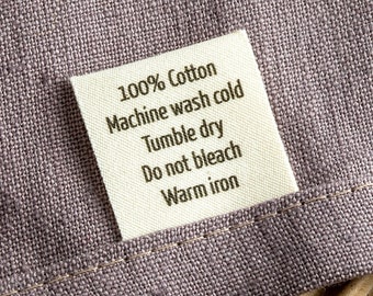 Etiquetas de cuidado personalizadas, etiquetas de costura, instrucciones de lavado para ropa, agregar un logotipo o diseño + texto, 100 % algodón orgánico, doblar y coser