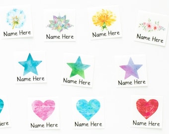 Personalized Iron on Name Labels with Flowers, Hearts, Stars, Roses, Sunflowers, Fruit Artwork!  White Tags, 100% Organic Cotton