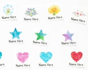 Personalized Iron on Name Labels with Flowers, Hearts, Stars, Roses, Sunflowers, Fruit Artwork! White Tags, 100% Organic Cotton