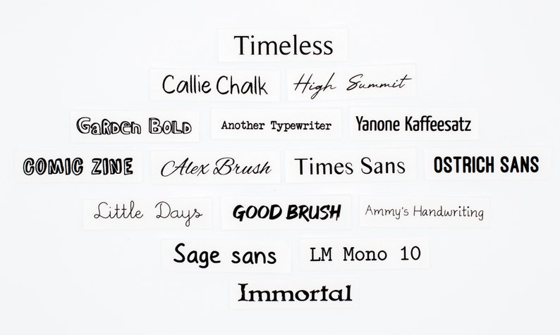 small (1.5" x .5") iron on name tags with each font's name printed in that font on white cotton.  labels are stacked evenly, vertically, 1 label on top, 2 below that, 3 below that, 4 below that, 3 below that, 2 below that, 1 below that.