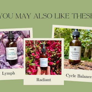 May include: An image featuring three amber glass tincture bottles with black droppers. The bottles are labeled "Lymph Tincture", "Radiant Tincture", and "Cycle Balance Tincture". The background includes flower petals and foliage. The text "YOU MAY ALSO LIKE THESE" is at the top.
