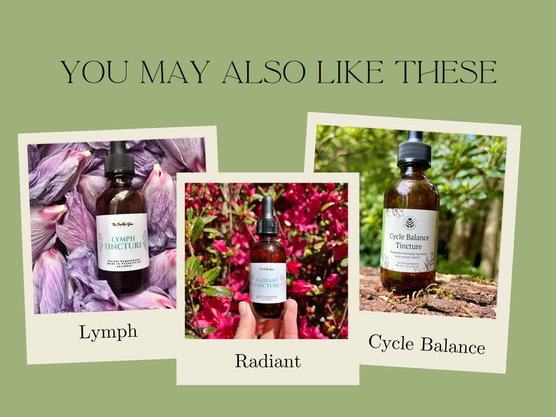 May include: An image featuring three amber glass tincture bottles with black droppers. The bottles are labeled "Lymph Tincture", "Radiant Tincture", and "Cycle Balance Tincture". The background includes flower petals and foliage. The text "YOU MAY ALSO LIKE THESE" is at the top.