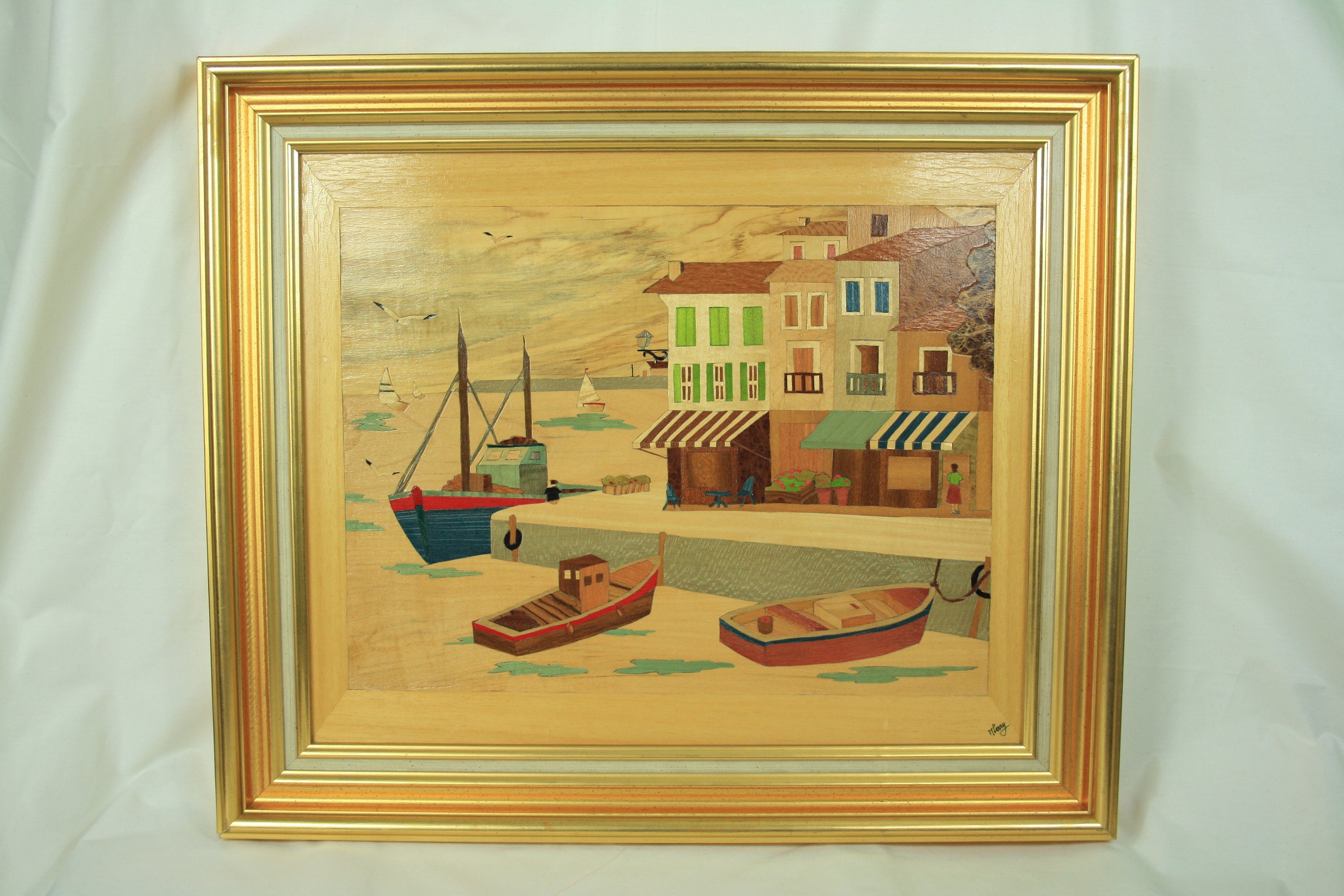 Tableau Art Marqueterie Bois, Bord de Mer Breton