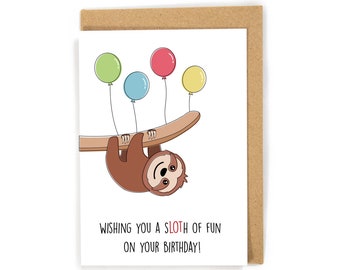 Sloth birthday card, funny birthday card, birthday card for kids, birthday card for sloth lovers, cute sloth card; custom