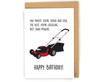 Carte d'anniversaire drôle de tondeuse à gazon, carte d'anniversaire de jardinage pour lui, carte d'anniversaire, carte d'anniversaire mignonne, carte d'homme de plein air pour lui, tondeuse à gazon