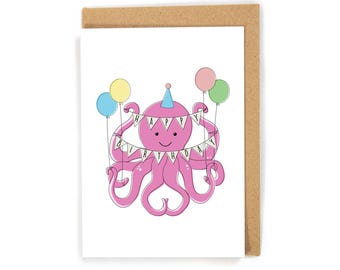 Cute Octopus Birthday Card, Pun Birthday card, Cute Birthday card, Sweet Birthday card, Simple Birthday Card, Generic Birthday Card