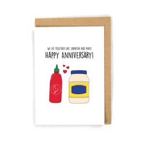 Tarjeta de aniversario de mayonesa Sriracha, tarjeta de aniversario de salsa picante, tarjeta de aniversario divertida para él/ella, tarjeta amante de la salsa picante, linda tarjeta de aniversario