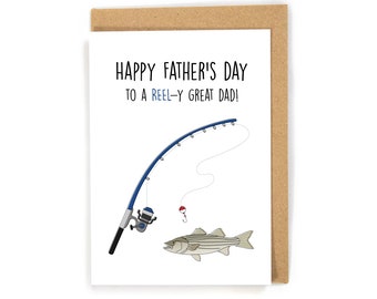 May include: A white card with a brown envelope. The card features a cartoon illustration of a fishing rod with a fish on the hook. The text on the card reads "Happy Father's Day to a Reel-y Great Dad!"