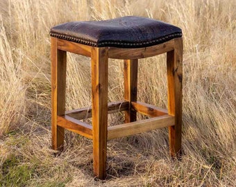 Brown Crocodile Embossed Leather Saddle Stool, Solid Wood Western Ranch Barstool