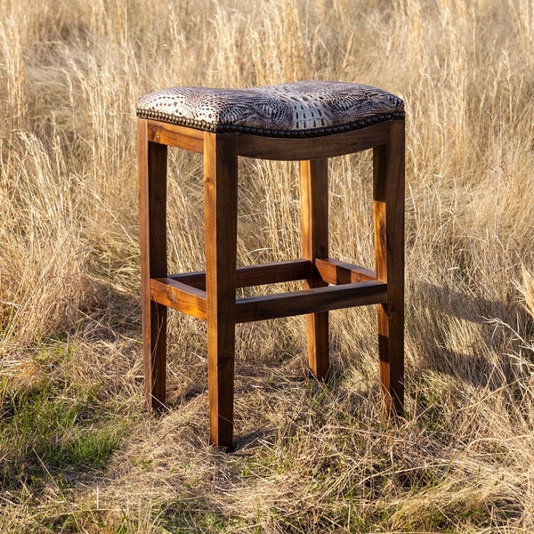 White Crocodile Embossed Leather Saddle Stool, Solid Wood Western Ranch Barstool