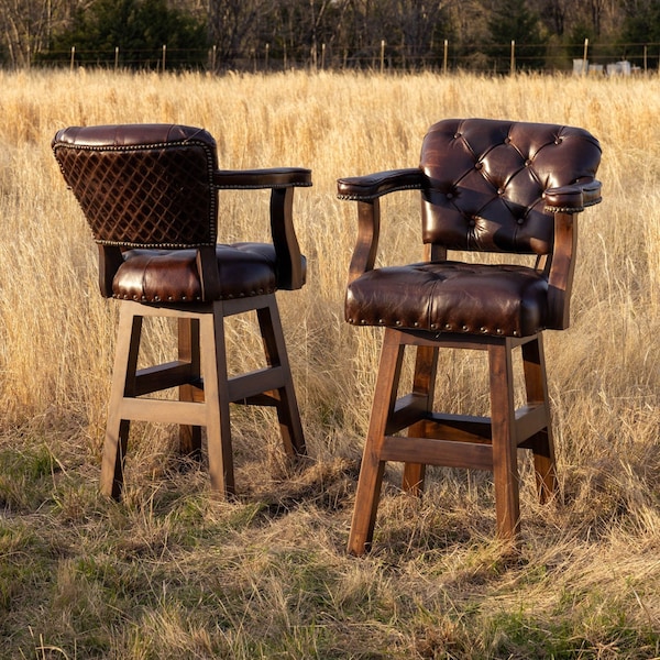 Trophy Ranch Bar Stool with Tufted Brown Leather with Quilted Diamond Back & Swivel