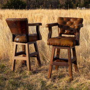 Trophy Ranch Bar Stool with Tufted Light Brown Leather & Swivel