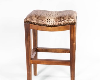Ranch Saddle Stool White Crocodile Embossed Leather Saddle Stool, Solid Wood Western Ranch Barstool