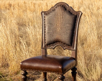 Lynn French Upholstered Crocodile Dining Chair SOLID WOOD Western Ranch Brown Leather