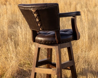 Trophy Ranch Bar Stool with Tufted Brown Leather & Embossed White Crocodile Corset Back