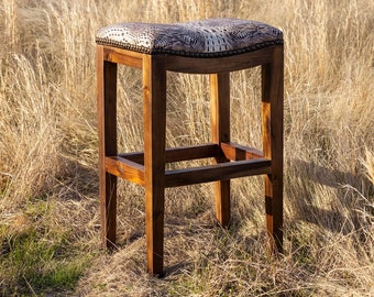 White Crocodile Embossed Leather Saddle Stool, Solid Wood Western Ranch Barstool