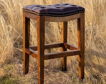 Tufted Brown Leather Saddle Stool – Solid Wood Western Ranch Barstool for Kitchen, Bar, or Counter
