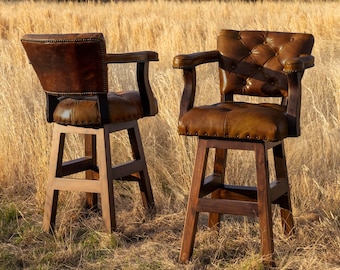 Trophy Ranch Bar Stool with Tufted Brown Leather Swivel Southwestern Barstool with Arms Counter Stool with Back