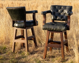 Trophy Ranch Bar Stool with Tufted Dark Green Leather & Swivel