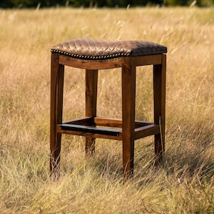 Brown Quilted Leather Saddle Stool, Solid Wood Western Ranch Counter Stool Diamond Embossed Leather Barstool
