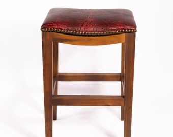 Red Crocodile Embossed Leather Saddle Stool, Solid Wood Western Ranch Barstool