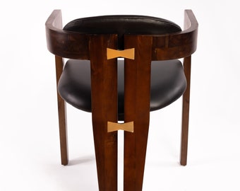 Modern Serena Dining Chair with Upholstered REAL Black Leather, Gold Bow Tie, Natural Brown Solid Wood Arm Chair